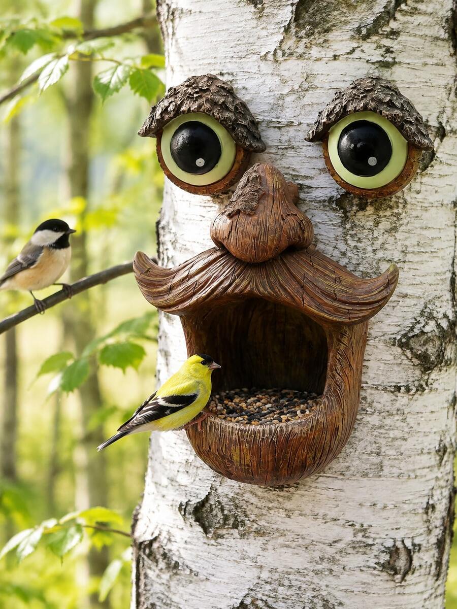 Funny Tree Face Resin Bird Feeder, Outdoor Tree-Hanging Wild Bird Feeding Station, Humorous Garden Decor Sculpture, Suitable For Backyard, Patio, Deck, Perfect For Bird Lovers And Nature Enthusiasts, Outdoor Decoration, Autumn Decor - Big-eyed Bird Feeder - View 1