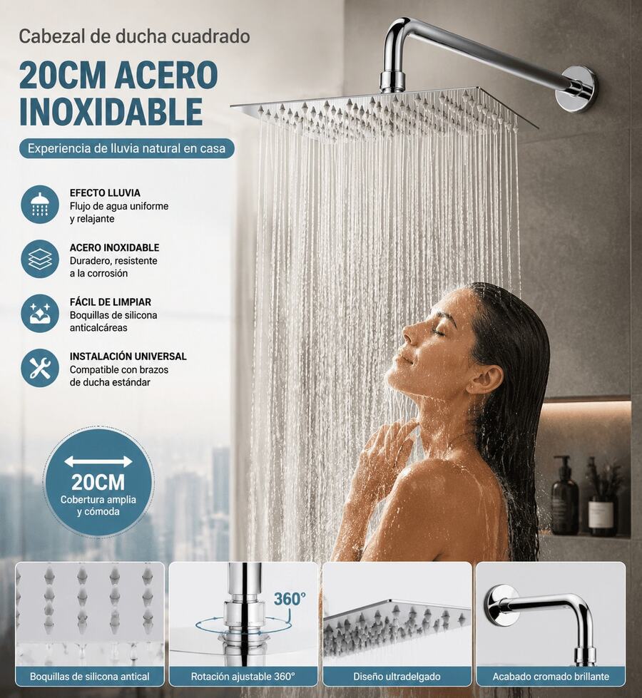 Cabezal de Ducha Tipo Lluvia de 20 cm en Acero Inoxidable Cromado, Regadera Cuadrada Moderna para Baño, Diseño Ultra Delgado con Salida de Agua Uniforme, Accesorio Universal para Ducha de Casa, Fácil Instalación, Ideal para Renovar tu Baño y Disfrutar una Experiencia de Baño Cómoda y Elegante