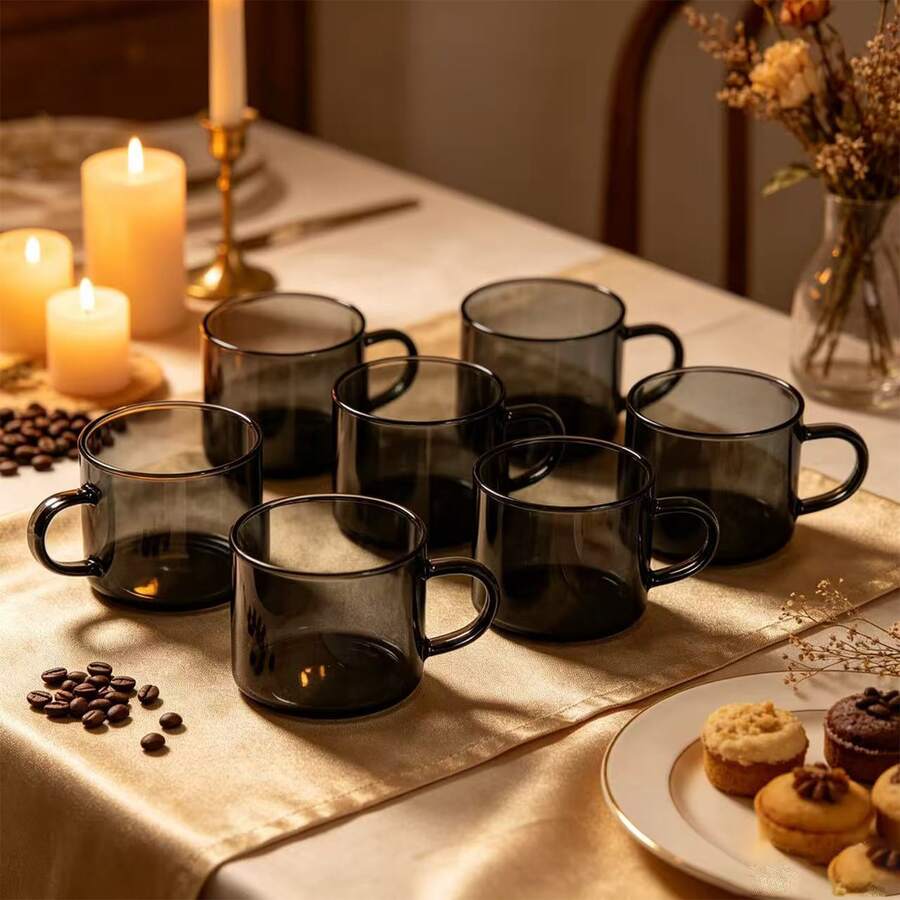 2/4/6 High Borosilicate Heat-Resistant Glass Small Tea Cups, Transparent Black Handle Host Cup, Kung Fu Tea Set, Small Coffee Cup, Recommended Hand Wash, Home Guest Cup, Tea Tasting Cup, Reusable Drinking Cup, Suitable For Tea, Coffee, Milk And Other Beverages, Ideal For Home Daily, Office, Gathering Use - Black - View 1