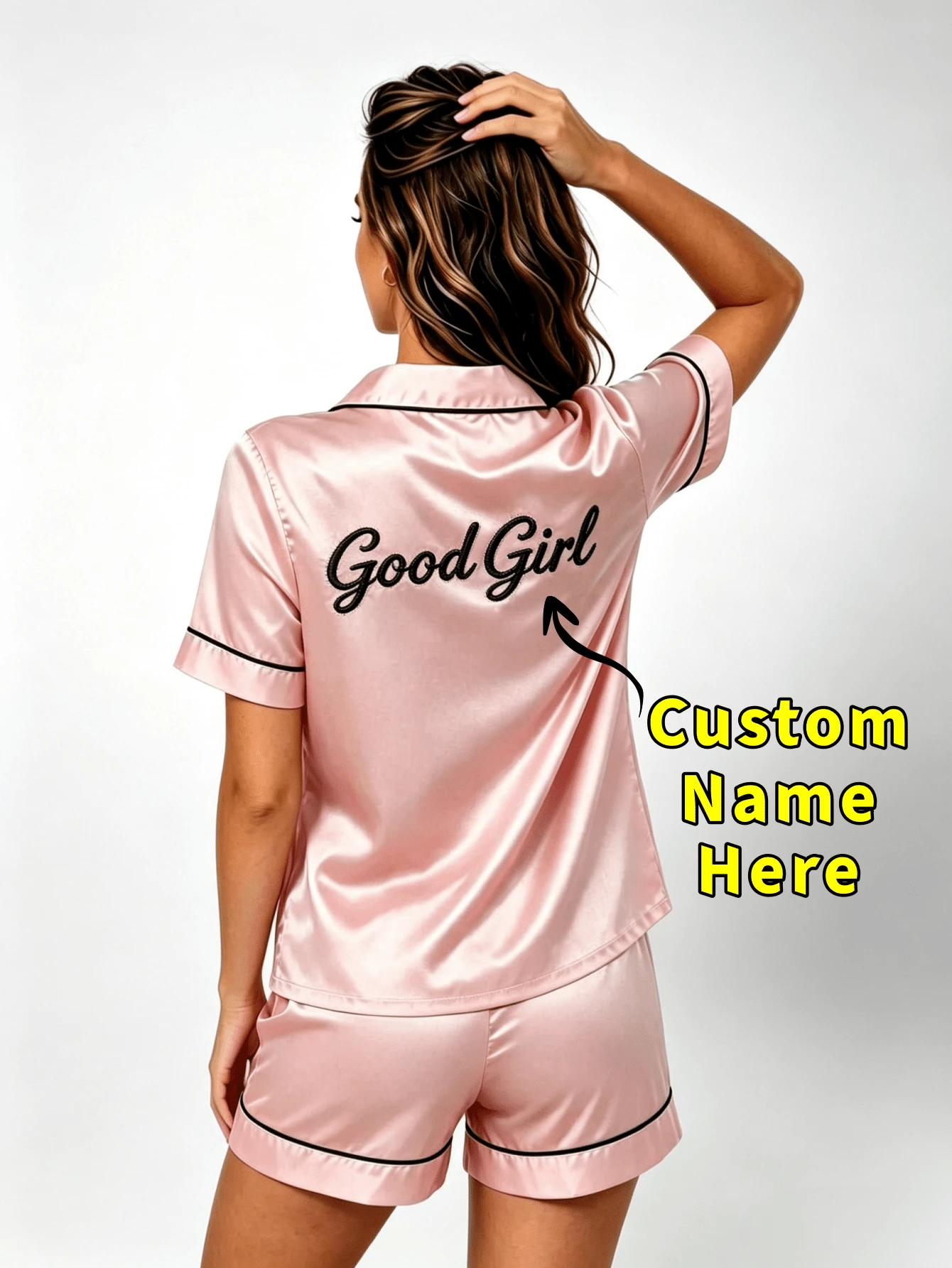 Custom Embroidered Name Satin Short Sleeve Pajama Set, Personalized Letter Short Sleeve Top + Shorts With Piping Trim, Bridesmaid Gift
