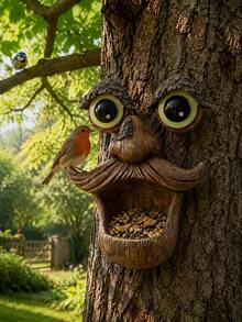 Funny Tree Face Resin Bird Feeder, Outdoor Tree-Hanging Wild Bird Feeding Station, Humorous Garden Decor Sculpture, Suitable For Backyard, Patio, Deck, Perfect For Bird Lovers And Nature Enthusiasts, Outdoor Decoration, Autumn Decor - Big-eyed Bird Feeder - View 2