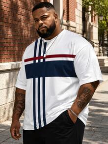 Plus Size Men's White Base Navy Blue & Burgundy Colorblock Geometric Vertical Stripe & Horizontal Block Patchwork Print Crew Neck Short Sleeve Summer - Blue - View 1