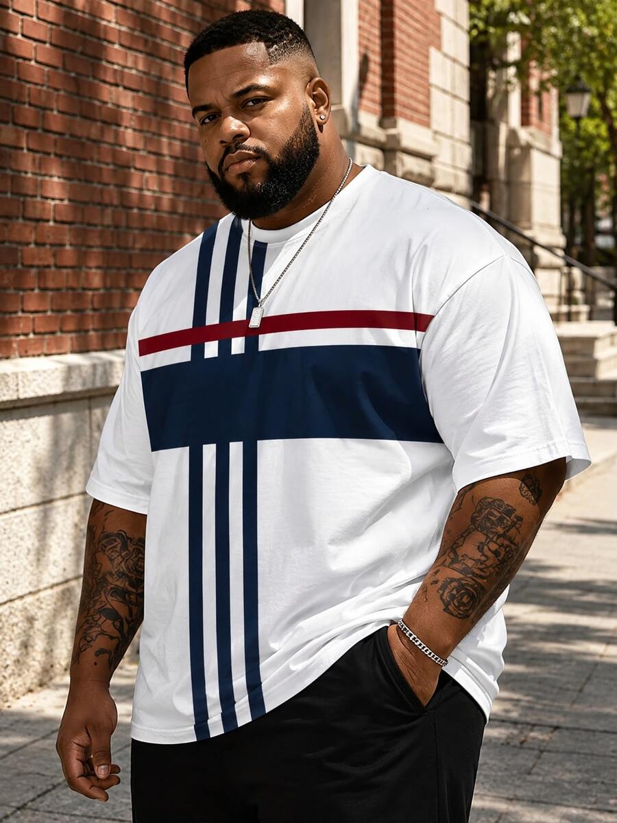 Plus Size Men's White Base Navy Blue & Burgundy Colorblock Geometric Vertical Stripe & Horizontal Block Patchwork Print Crew Neck Short Sleeve Summer - Blue - View 1
