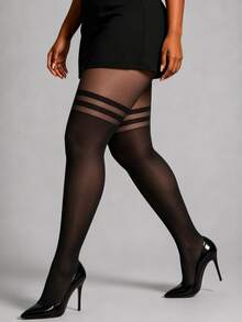 1 Pair Women's Black Fake Thigh High Stockings, Sexy Double Stripe Sheer Pantyhose, Suitable For Nightclub Wear - Black - View 3