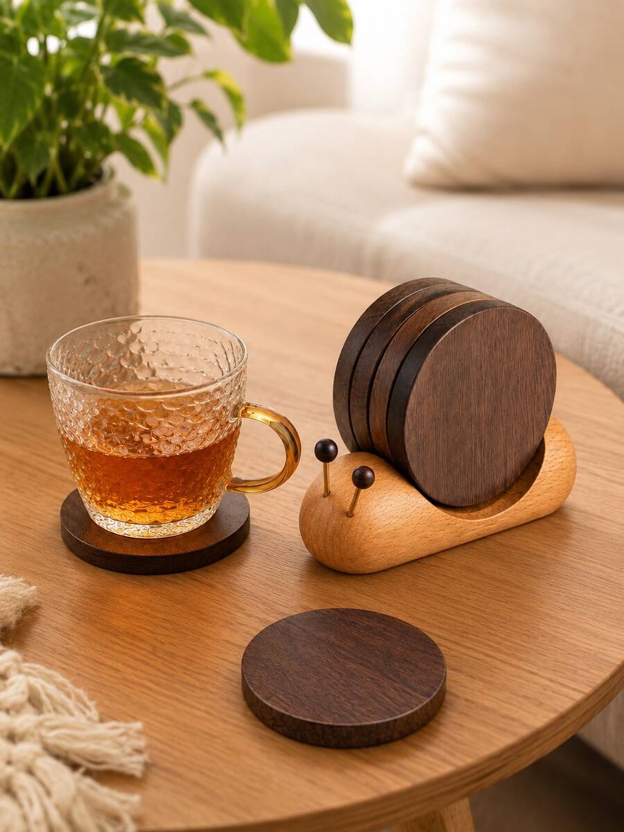 5Pcs Round Wooden Coasters With Snail-Shaped Holder, Rustic Wood Drink Coaster Set, Stackable Cup Mats For Coffee Tea Mugs, Farmhouse Living Room Home Decor, Coffee Table Accessories, Kitchen Decor, Housewarming & Christmas Gift - Multicolor - View 1