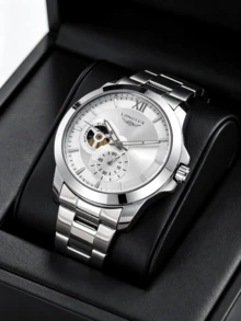 LONGLUX 1pc Men's Automatic Mechanical Watch, Personalized Hollow Design, Business Casual Steel Band, Daily Wear, Holiday Gift - White - View 2