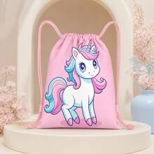 Pink & Blue Unicorn Print Drawstring Backpack, Cute Fairy Tale Style For Girls, School Essential, Drawstring Closure, Travel Accessory For Beach, Dance Class, Camping, Daily Outings And Weekend Adventures - UNICORN-108 - View 1