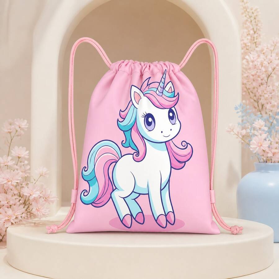 Pink & Blue Unicorn Print Drawstring Backpack, Cute Fairy Tale Style For Girls, School Essential, Drawstring Closure, Travel Accessory For Beach, Dance Class, Camping, Daily Outings And Weekend Adventures - UNICORN-108 - View 1