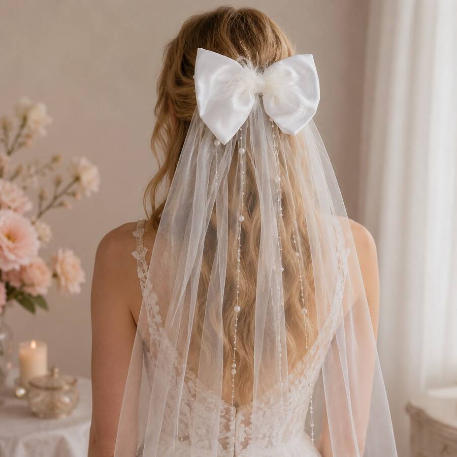 1pc Romantic Satin Bow Bridal Veil, White Tulle With Feather Pearl Beaded Chain, Wedding Hair Accessory, Bridal Headpiece, Suitable For Wedding Ceremony