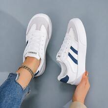 New Women's Skate Shoes Thick Sole Platform Sneakers Retro Colorblock White Shoes - White Blue - View 3
