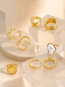 8Pcs/Set Vintage Elegant Faux Pearl Rings Set For Women Irregular Geometric Finger Rings Party Wedding Jewelry Accessories - Yellow Gold - View 3