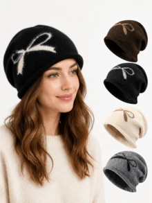 1pc Thickened Bow-Knot Knitted Hat For Women, Autumn/Winter Large Head Circumference Ear-Protective Warm Beanie With Embroidered Ear Flaps, Korean Style Slouchy Knit Cap, Postpartum Maternity Hat - Multicolor - View 1