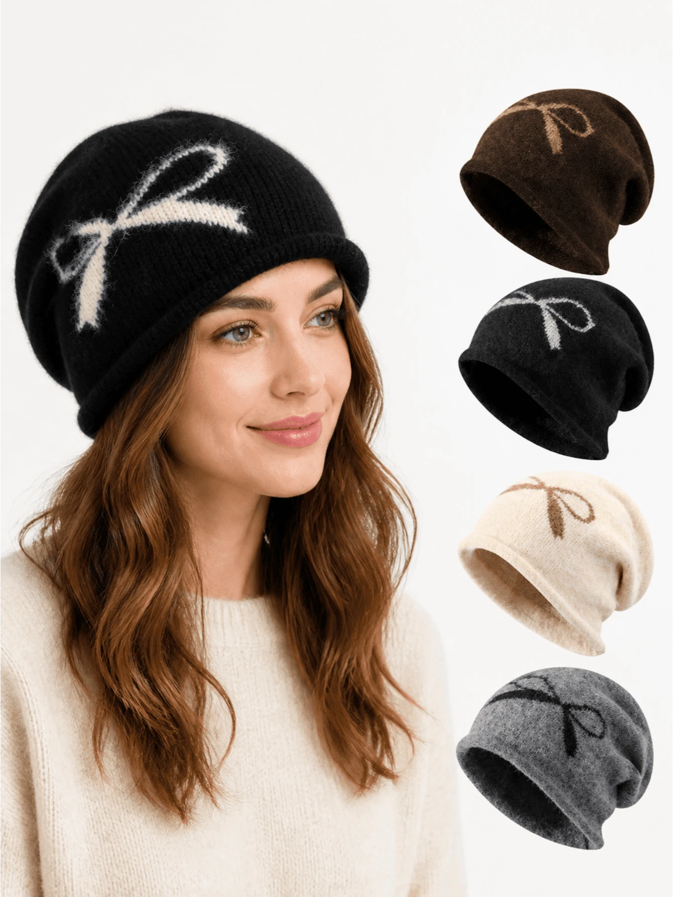 1pc Thickened Bow-Knot Knitted Hat For Women, Autumn/Winter Large Head Circumference Ear-Protective Warm Beanie With Embroidered Ear Flaps, Korean Style Slouchy Knit Cap, Postpartum Maternity Hat - Multicolor - View 1