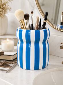 1pc Large Capacity Striped Makeup Brush Holder, Wavy Cosmetic Pen Cup, Multicolor Desktop Storage Organizer For Vanity Bathroom, Big Capacity Table Container Home Decor Gift - Waist-cinching Striped Storage - View 12