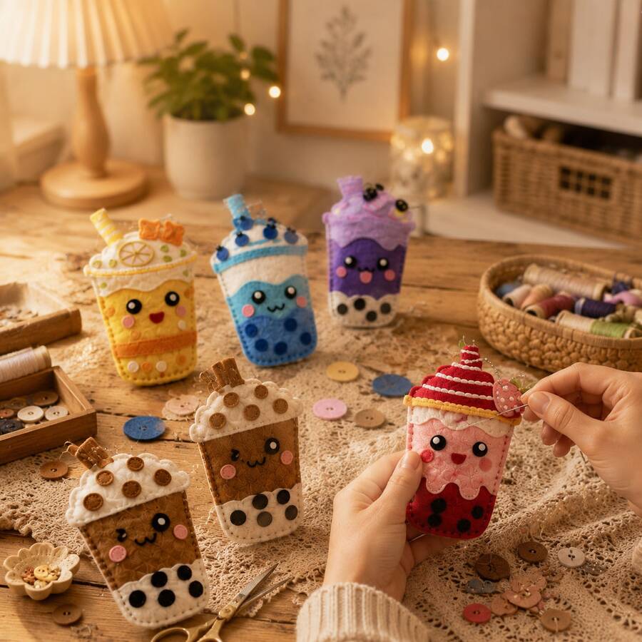 Children's First Sewing Project - 6pcs Cute Pearl Milk Tea Plush Pendant Sewing Kit, Suitable For 5-10 Years Old Kids DIY Beginner Gift