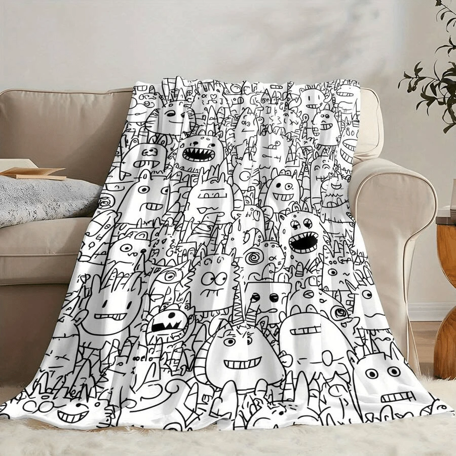 1PC Cartoon Little Monster Line Art Coloring Print Blanket Black And White Doodle Monster Pattern Throw Blanket Home Sofa Decor - Multicolor - View 1