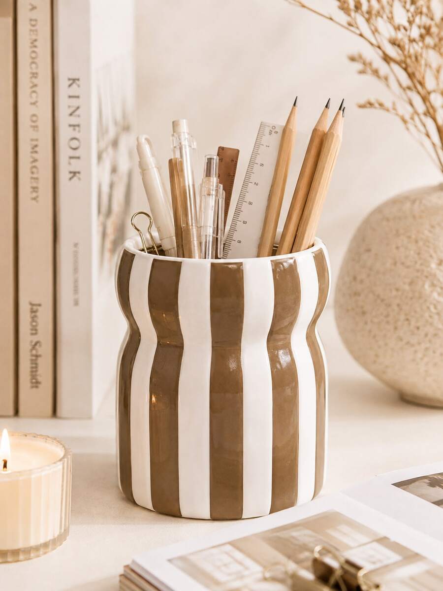 1pc Large Capacity Ins Style Striped Pen Holder, Wavy Desktop Organizer, Multifunctional Makeup Brush Storage Cup, Multicolor Desk Decor For Home Office - Waist-cinching Striped Storage - View 1