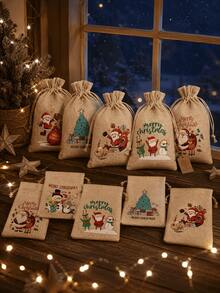 8pcs Drawstring Linen Christmas Gift Bags, Santa Claus, Reindeer And Snowflake Patterns, Reusable Holiday Party Gift Bags, Suitable For Christmas, New Year Party Gift Supplies, Gift Wrapping Bags, Merry Christmas - Christmas Burlap Bag - View 7