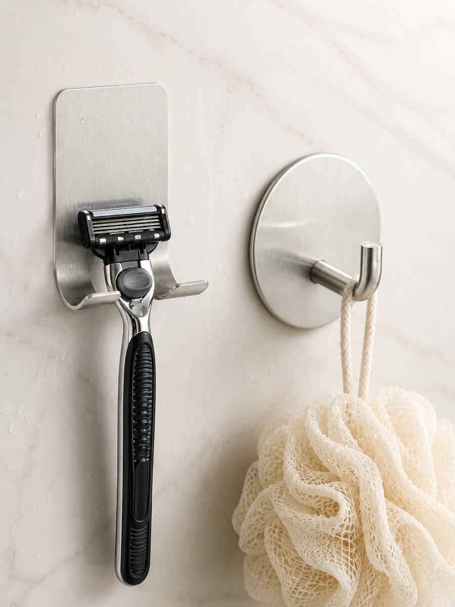 2+2 PCS Stainless Steel Razor Holder Wall Mount & Utility Hooks, No Drill Self Adhesive Waterproof Shaver Holder For Bathroom Shower, Space Saving Hooks For Razor, Bath Sponge, Towels, Keys And Accessories - Silver - View 1