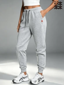 mulinsen Women's Cuffed Joggers, Red Woven Label Decor, Drawstring Waist, Side Pockets, Fitness Jogging, Home Leisure, Daily Wear - Light Grey - View 2