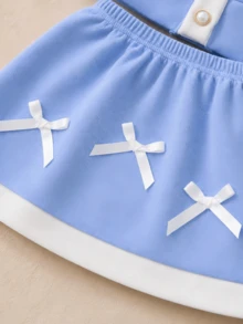 Setelan 2 Potong Anak Perempuan, Modis Musim Gugur, Jaket Cardigan Lengan Puff Bertekstur Lucu dengan Kancing Mutiara, Motif Patchwork Biru & Putih, Jaket Depan Terbuka dengan Pita dan Rok, Pakaian Kasual. - Biru - View 4