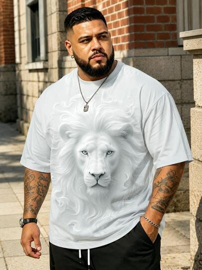 Plus Size White Lion Head Graphic T-Shirt, Blue Eyes Fluffy Mane, American Street Style Powerful King Vibe Short Sleeve Top Summer Sports