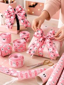 6pcs-Pink Halloween Wired Edge Ribbon, Ghost Ribbon, Witch Hat Spider Web Bat Print, Halloween Floral Bow Making, Wreath Handmade DIY, Halloween Gift Wrapping Decoration, Gift Party Decoration, Halloween Party Decoration, Ghost B00 Ribbon, Handmade Material, Gift Wrapping, 6 Styles - Multi-color - View 7