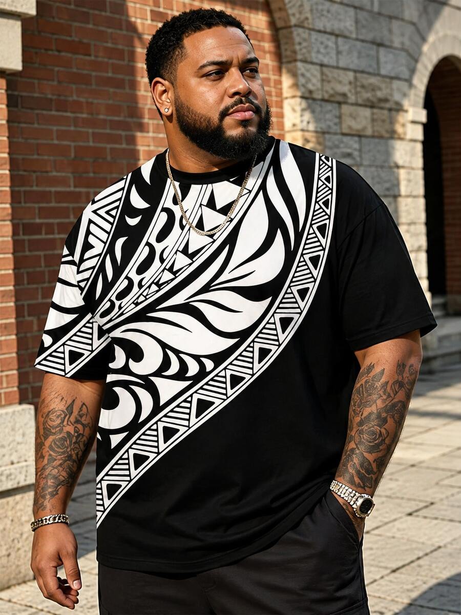 Plus Size Big&Tall Black Background Polynesian Totem T-Shirt | Hardcore Streetwear Dark Geometric Print Short Sleeve Top Sports - Black - View 1