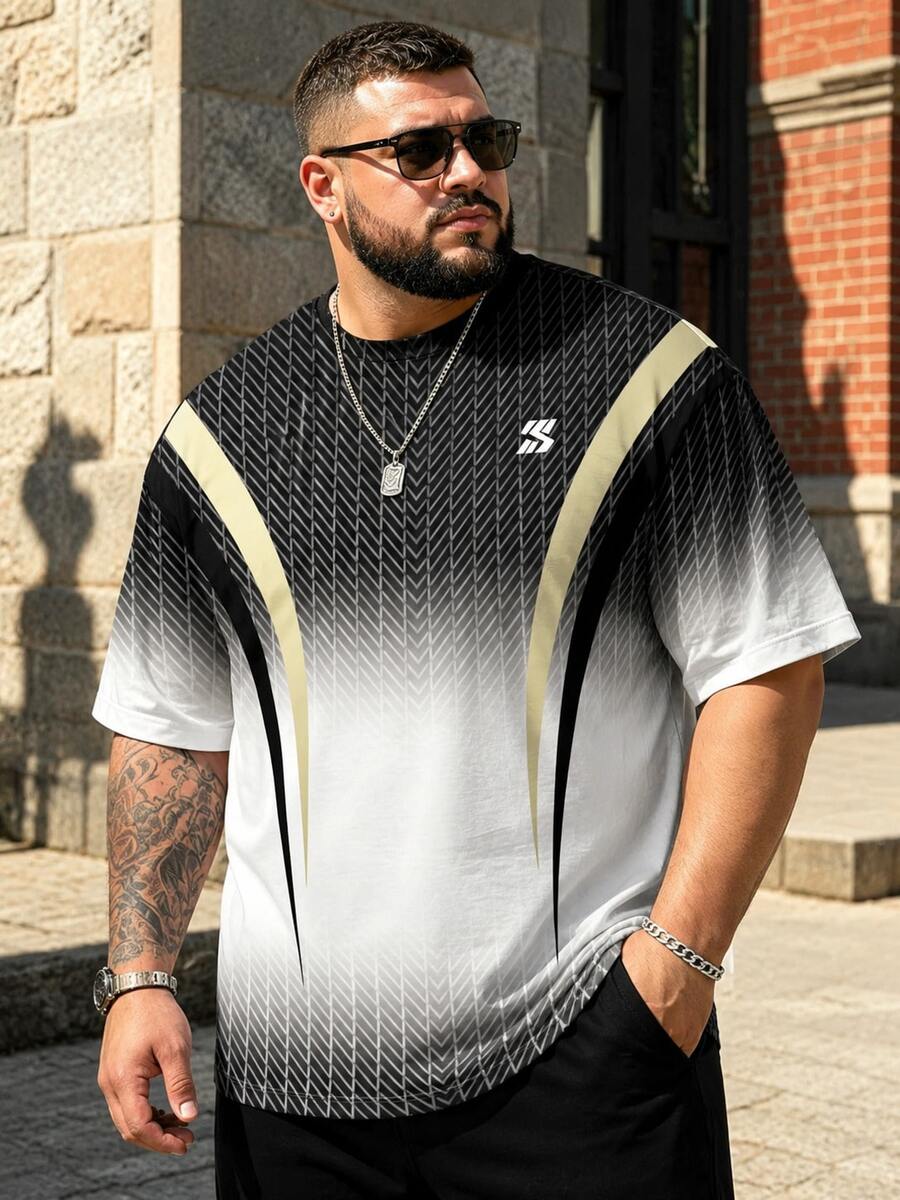 Plus Size Men's Black & Gold Ombre Short Sleeve T-Shirt | Twill Texture + Streamlined Contrast Stripes + Small Logo Print, Street Functional Style, BIG&TALL Loose Breathable Casual Top Sports - Black and White - View 1