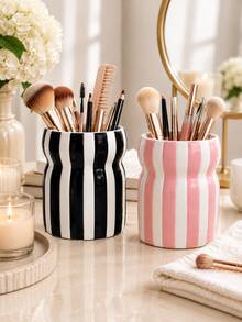 1pc Large Capacity Striped Makeup Brush Holder, Wavy Cosmetic Pen Cup, Multicolor Desktop Storage Organizer For Vanity Bathroom, Big Capacity Table Container Home Decor Gift - Waist-cinching Striped Storage - View 2