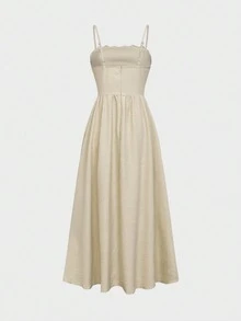 Women's Spaghetti Strap Lace Trim Elegant Summer Dress, Suitable For Wedding Guest, Evening Party, Graduation Ceremony - Khaki - View 7