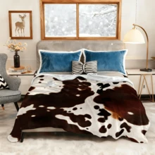 1PC Brown & White Cow Print Blanket, Animal Fur Texture Throw, Vintage Style Home Sofa Decorative Blanket - Multicolor - View 6