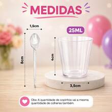 Kit 100 Mini Copinho 25ml 100 Mini Colher Acrílico Cristal Festa Aniversário Brigadeiro Mouse Doce - Visão 2