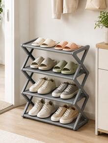 4-Tier Folding Shoe Rack | Space-Saving Storage Solution, X-Frame Plastic Organizer, Vintage Design, No Assembly Required, Suitable For Entryway, Closet, Kitchen, All-Season Durable Bookshelf (Plastic Material) - Multicolor - View 4
