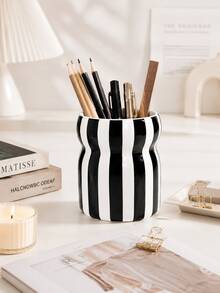 1pc Large Capacity Ins Style Striped Pen Holder, Wavy Desktop Organizer, Multifunctional Makeup Brush Storage Cup, Multicolor Desk Decor For Home Office - Waist-cinching Striped Storage - View 11