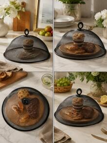 2pcs/1pc Black Metal Frame Mesh Food Cover, Breathable And Durable, Suitable For Kitchen And Dining Table Protection, Can Cover Plates, Desserts And Other Foods, Catering Service Accessory, Smooth Metal Appearance, Suitable For Christmas, Valentine's Day - Multicolor - View 2
