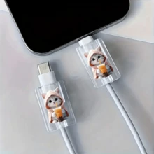 2pcs Hooded Milk Tea Cat Data Cable Connector Protector, Ins Healing Cute Pet Digital Accessory, Compatible With Apple Fast Charging 18W/20W Type-C Interface, Soft Cute Cat Print Data Cable Protective Shell, Holiday Small Gift, Cute Korean Style For Girlfriend And Best Friend - 2pcs Sweater Cat + Blue Shirt Milk Tea Cat - View 1
