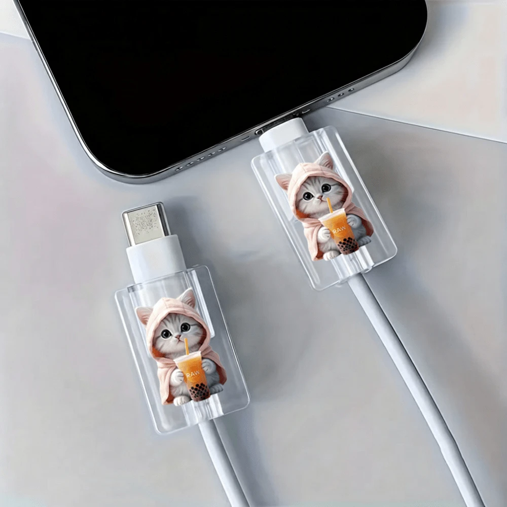 2pcs Hooded Milk Tea Cat Data Cable Connector Protector, Ins Healing Cute Pet Digital Accessory, Compatible With Apple Fast Charging 18W/20W Type-C Interface, Soft Cute Cat Print Data Cable Protective Shell, Holiday Small Gift, Cute Korean Style For Girlfriend And Best Friend - 2pcs Sweater Cat + Blue Shirt Milk Tea Cat - View 1