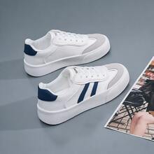 New Women's Skate Shoes Thick Sole Platform Sneakers Retro Colorblock White Shoes - White Blue - View 2
