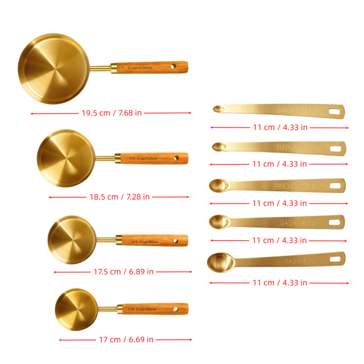 金色量匙 9件組 重型不鏽鋼量杯套組，適用於液體與乾料，烹飪與烘焙，附禮盒 - 黃色 - 查看 7