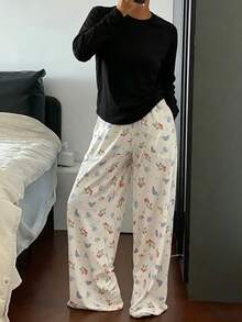 Minimalist Black Raglan Long Sleeve Top & Wide Leg Pants Set With Cherry Blossom Floral Print, Loose Fit Loungewear Pajamas For Women, Suitable For Home And Outdoor Wear - Multicolor - View 4