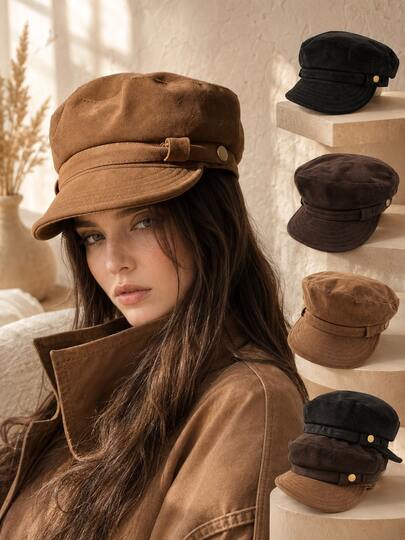 1pc Women's Vintage Faux Suede Octagonal Newsboy Cap, Gold Tone Button Flat Top Baker Boy Hat For Fall Winter Outfits