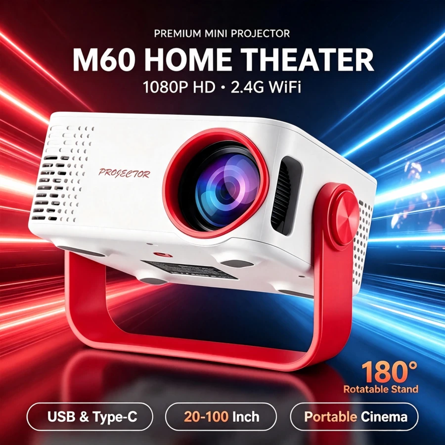M60 Mini Projector, Supports 1080P Resolution, 2.4G WiFi, Equipped With USB And Type-C Interfaces, Portable Home Projector, Projection Size 20 To 100 Inches
