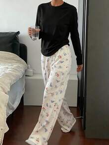 Minimalist Black Raglan Long Sleeve Top & Wide Leg Pants Set With Cherry Blossom Floral Print, Loose Fit Loungewear Pajamas For Women, Suitable For Home And Outdoor Wear - Multicolor - View 3