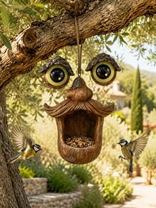 Funny Tree Face Resin Bird Feeder, Outdoor Tree-Hanging Wild Bird Feeding Station, Humorous Garden Decor Sculpture, Suitable For Backyard, Patio, Deck, Perfect For Bird Lovers And Nature Enthusiasts, Outdoor Decoration, Autumn Decor - Big-eyed Bird Feeder - View 9
