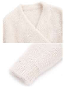 Wrap Cross V Neck Fuzzy Ribbed Waist Cropped Knit Sweater - Apricot - View 8