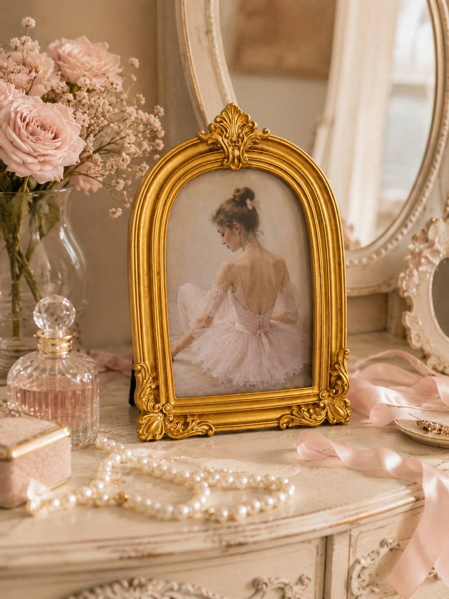 Vintage Gold Resin Picture Frame, Ornate Baroque Arch Photo Frame, Tabletop Display For Bedroom, Vanity, Mantel, Antique‑Style Home Decor, Perfect Wedding & Memorial Photo Gift - 1PC - View 1