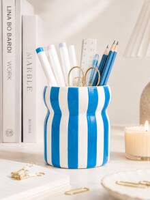 1pc Large Capacity Striped Pen Holder, Wavy Desk Organizer, Multifunctional Makeup Brush Cup, Multicolor Desktop Storage For Office Home, Cute Table Decor Gift - Waist-cinching Striped Pencil Holder - View 13