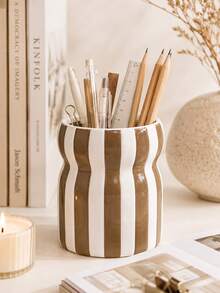 1pc Large Capacity Ins Style Striped Pen Holder, Wavy Desktop Organizer, Multifunctional Makeup Brush Storage Cup, Multicolor Desk Decor For Home Office - Waist-cinching Striped Storage - View 13