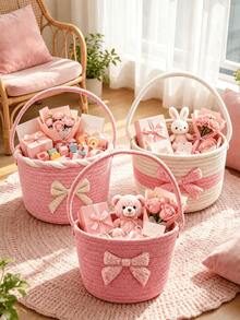 1pc Pink Bow Foldable Storage Basket With Handle, Convenient Storage Bin For Home Dorm Room Organization, Perfect Gift Bouquet Holder Container - Multicolor - View 1